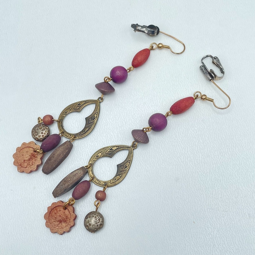 Vintage Y2K Wooden Beaded Dangle Earrings Statement Boho Women's Classic Jewelry